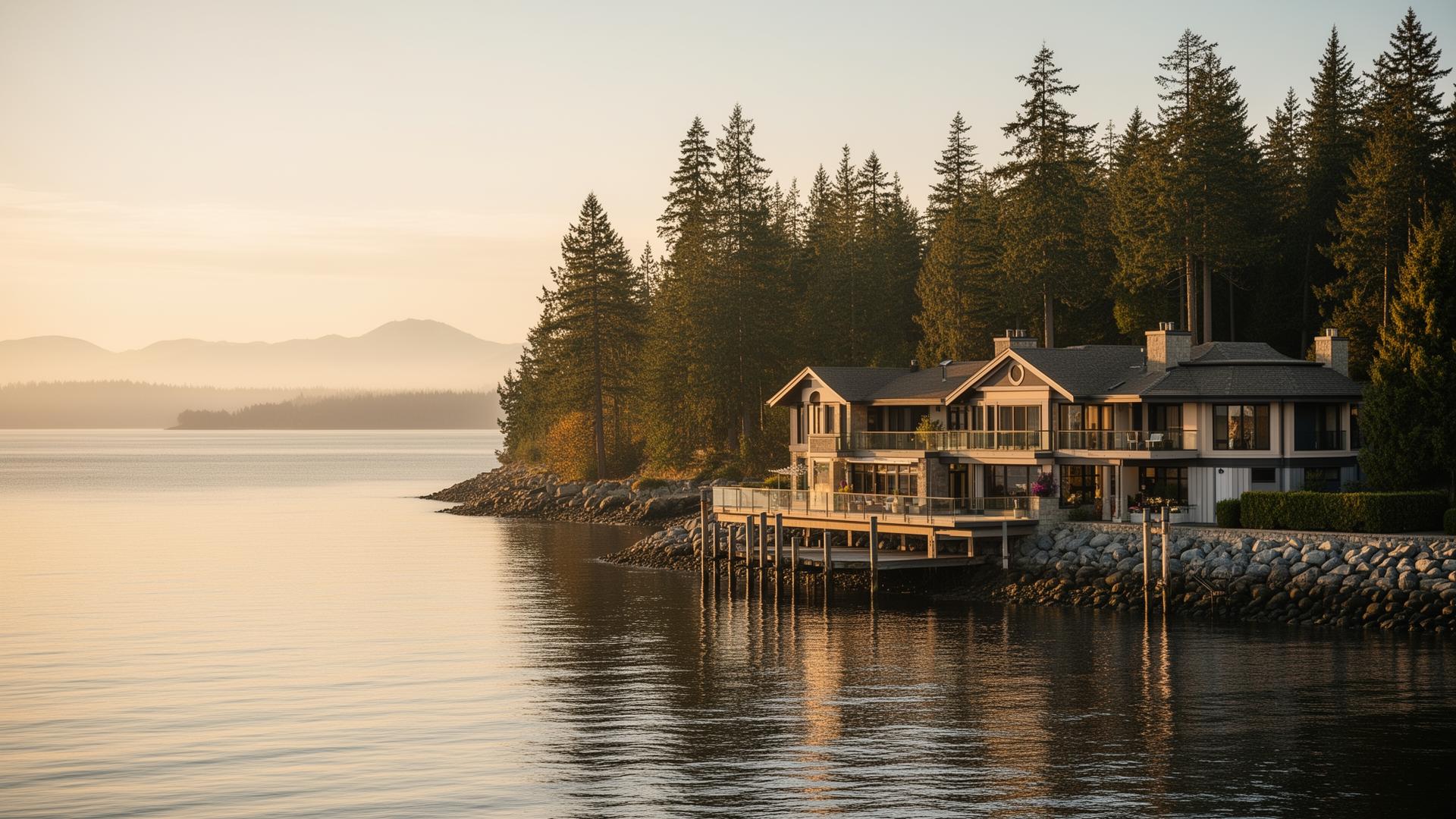 Tranquil Pacific Northwest waterfront estate at golden hour